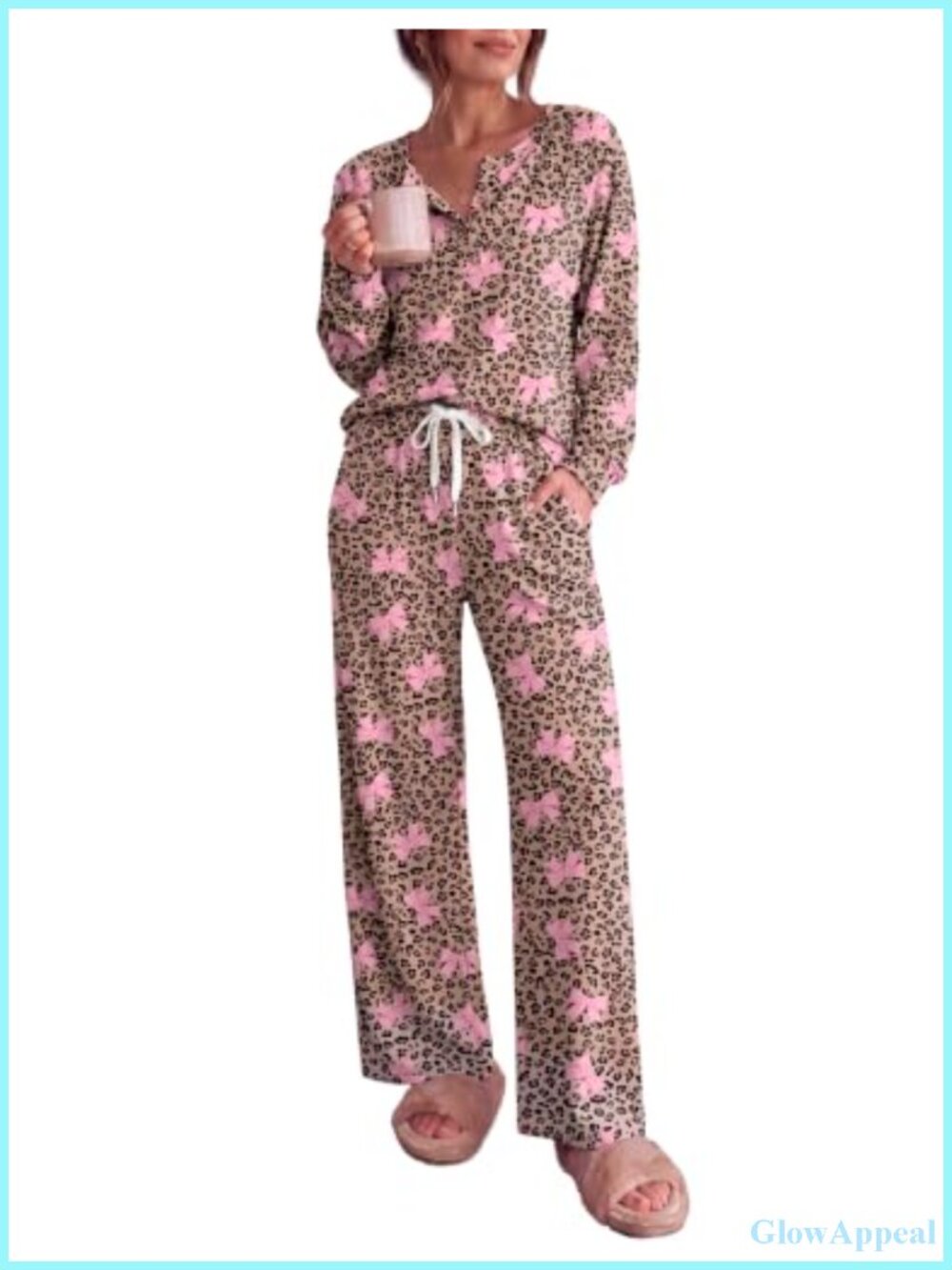Ekouaer 2 Piece Lounge Set Long Sleeve Henley Wide Leg Pajama Set